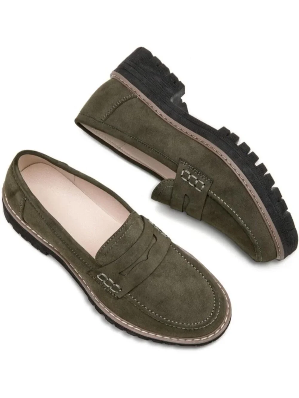 Womens Olive Suede Lug Sole Slip On Business Chunky Platform Penny Loafers Shoes